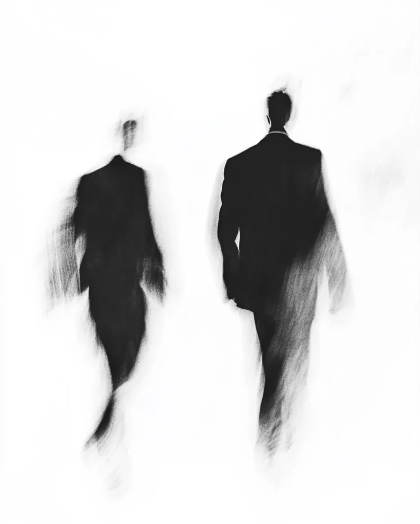 The image is a monochrome charcoal sketch depicting two figures in suits walking away from the viewer.  The figure in the foreground is sharply defined, while the other is blurred and indistinct, suggesting a sense of movement and possibly anonymity. The stark contrast between the figures and the white background creates a mysterious and somewhat melancholic atmosphere. The style is expressive and abstract, prioritizing mood over precise detail.