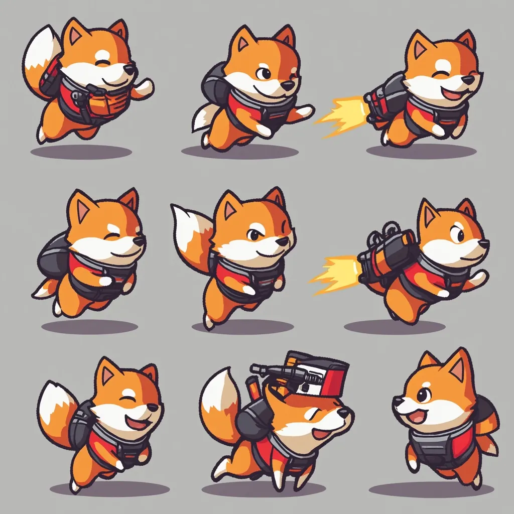 Nine adorable cartoon Shiba Inu dogs are depicted in various action poses.  Each dog wears a red and black jetpack, and some are shown mid-flight with ignited thrusters.  The expressive faces and dynamic poses showcase a playful and energetic character design, suitable for animation or game assets.  Variations include different body positions and a dog carrying an additional item on its back.