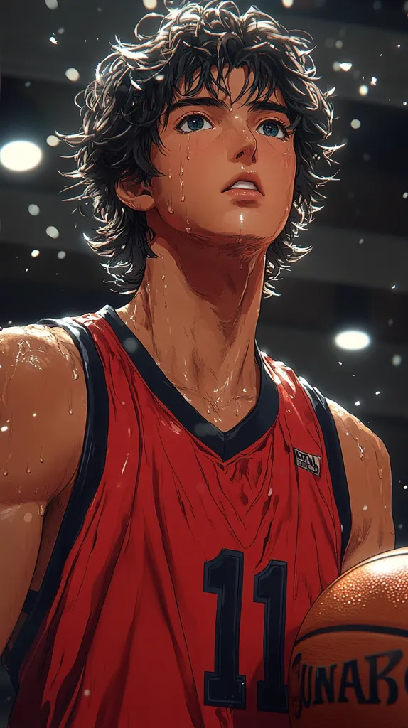 A stylized illustration depicts a young, sweat-drenched basketball player.  He wears a red jersey with the number 11, his dark hair slightly damp.  His gaze is upward, a thoughtful or pensive expression on his face.  The background suggests an indoor court, with soft lighting and a hint of rain or moisture in the air. He holds a basketball, partially visible,  adding to the athletic theme. The art style is anime-influenced, with a focus on realistic detail and emotive rendering.