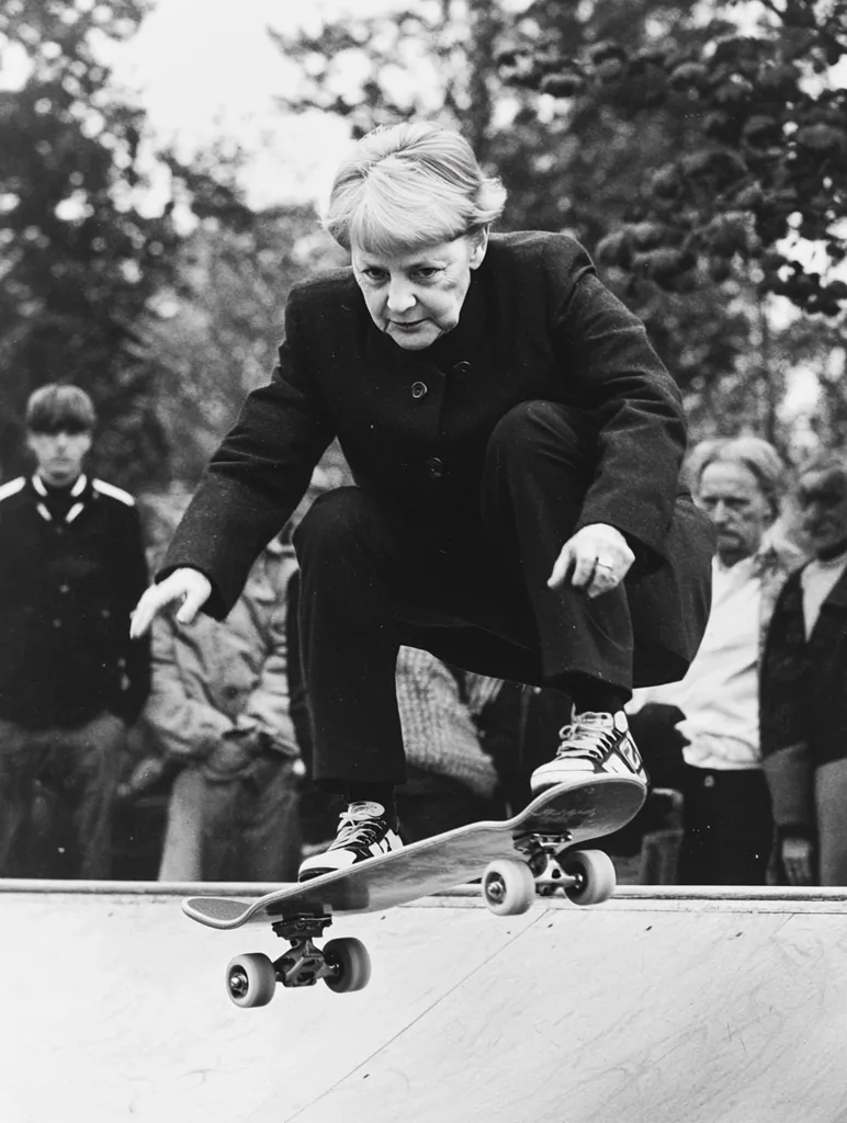 A black and white photo shows Angela Merkel, then a young woman, crouching low on a skateboard at a skate park.  She's wearing a dark jacket and trousers, and sneakers.  Other people, mostly blurred, watch from the background. The photo captures a moment of unexpected action and contrasts the serious demeanor of the future chancellor with the youthful energy of skateboarding.
