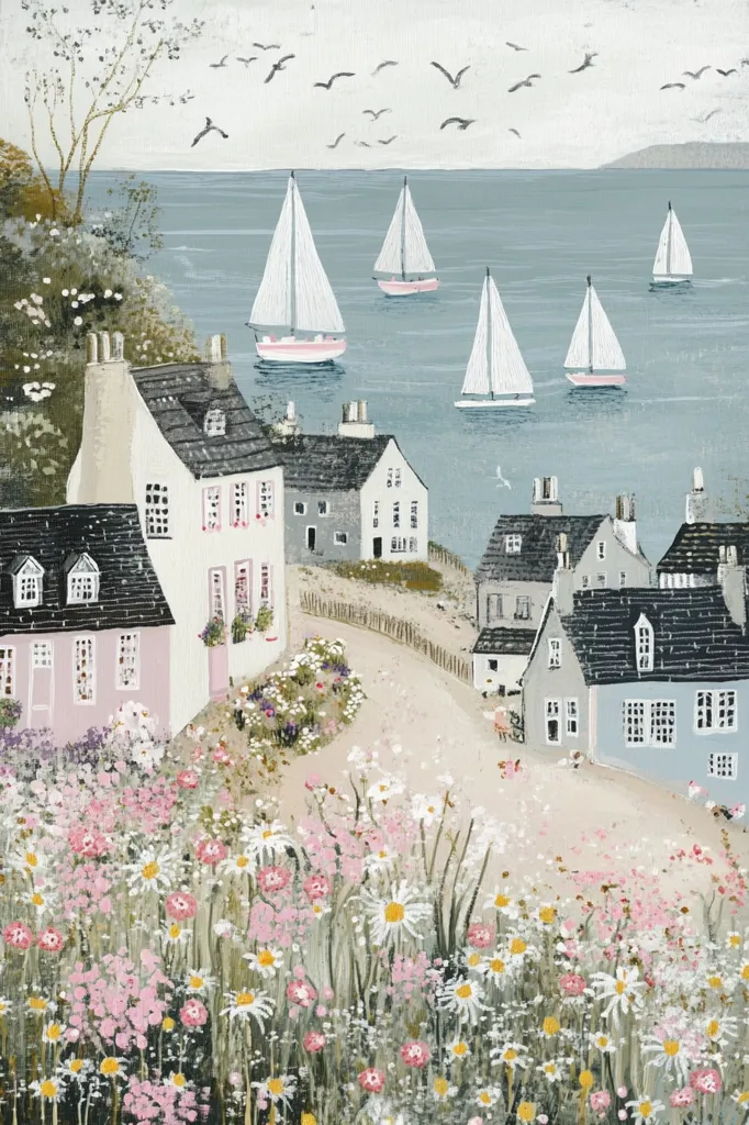 A charming coastal village scene unfolds, where pastel-colored houses nestle amidst a vibrant wildflower meadow.  Several sailboats dot the calm sea in the background, under a soft, cloudy sky. Birds fly overhead, adding to the idyllic, peaceful atmosphere. The path leading down to the water's edge is lined with blossoming daisies and other flowers, creating a picturesque view.