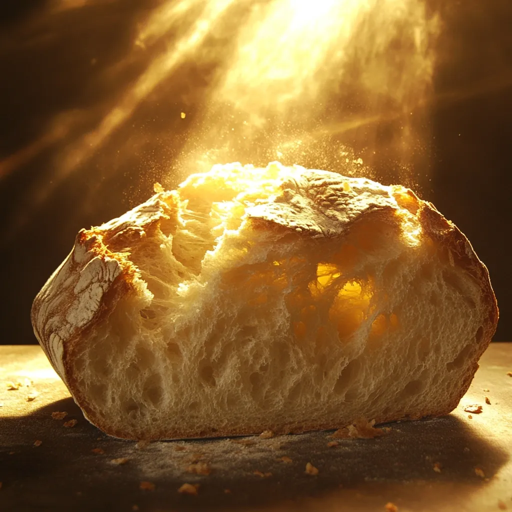 A rustic loaf of bread, its interior revealed in a dramatic, backlit shot.  Golden light streams through the airy crumb, highlighting its texture and creating a warm, inviting atmosphere.  Dust motes dance in the sunbeams, adding to the sense of freshly baked goodness. The image evokes feelings of warmth, comfort, and the simple pleasures of life.
