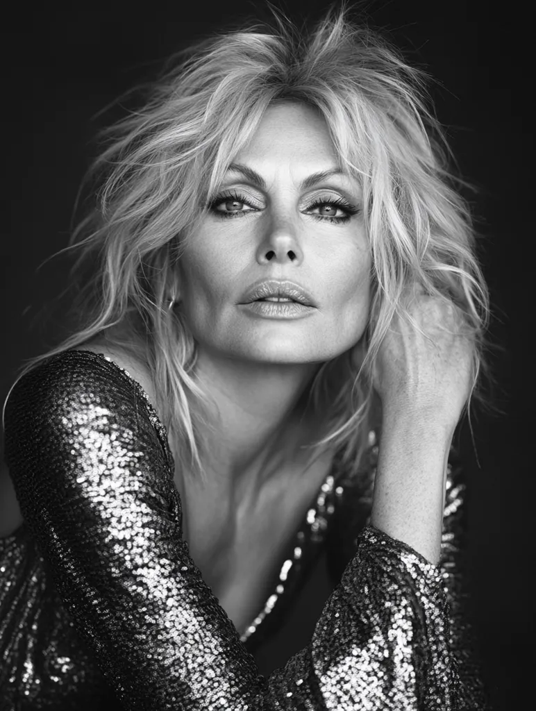 A black and white, close-up portrait of a woman with voluminous, tousled blonde hair.  She's wearing a sequined, long-sleeved top, and her expression is serious and captivating.  Her makeup is subtly dramatic, emphasizing her eyes. The dark background accentuates her features and the texture of her clothing.  The overall mood is sophisticated and slightly mysterious.