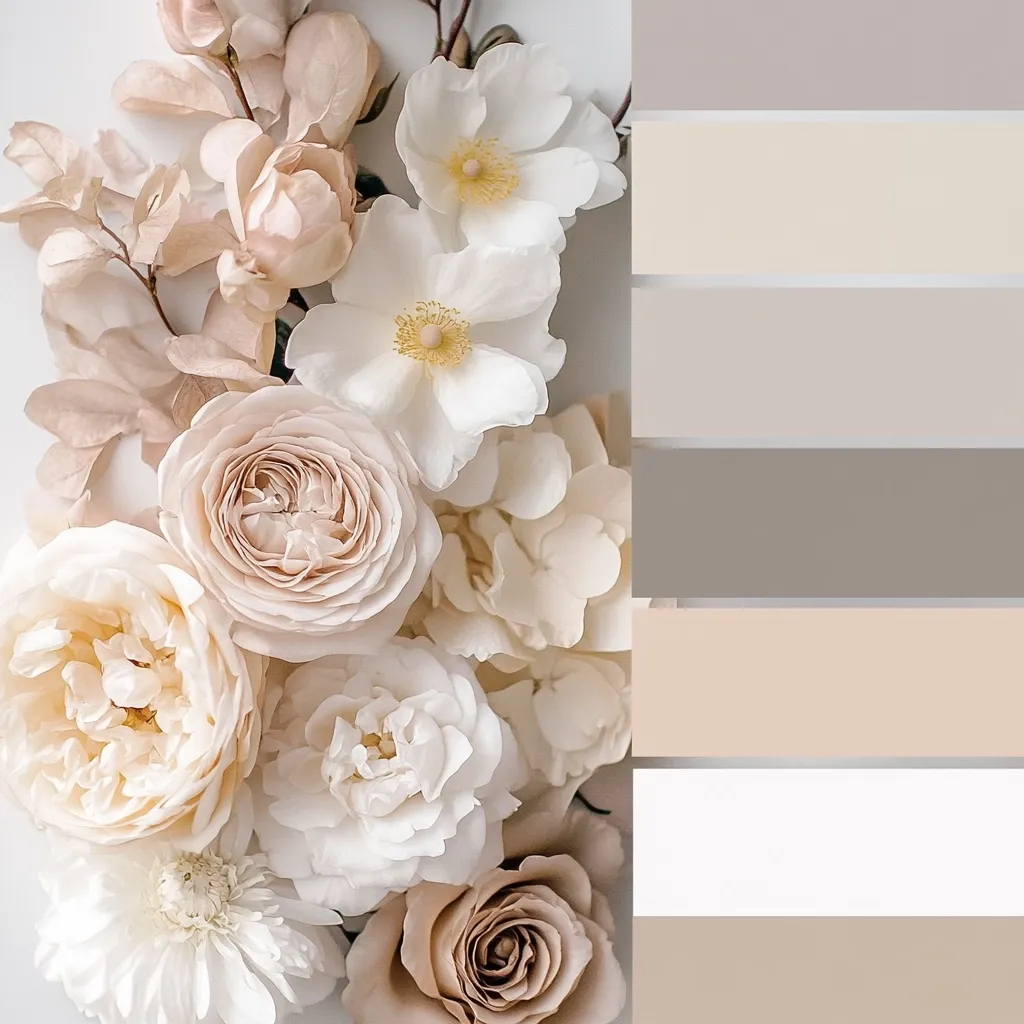 A lush bouquet of creamy white and blush pink roses and other flowers is presented alongside a color palette featuring various shades of beige, taupe, and off-white.  The image evokes a feeling of elegance and serenity, showcasing a soft, muted color scheme ideal for wedding or home decor inspiration.  The arrangement is meticulously composed, highlighting the delicate textures and subtle color variations of the blooms.