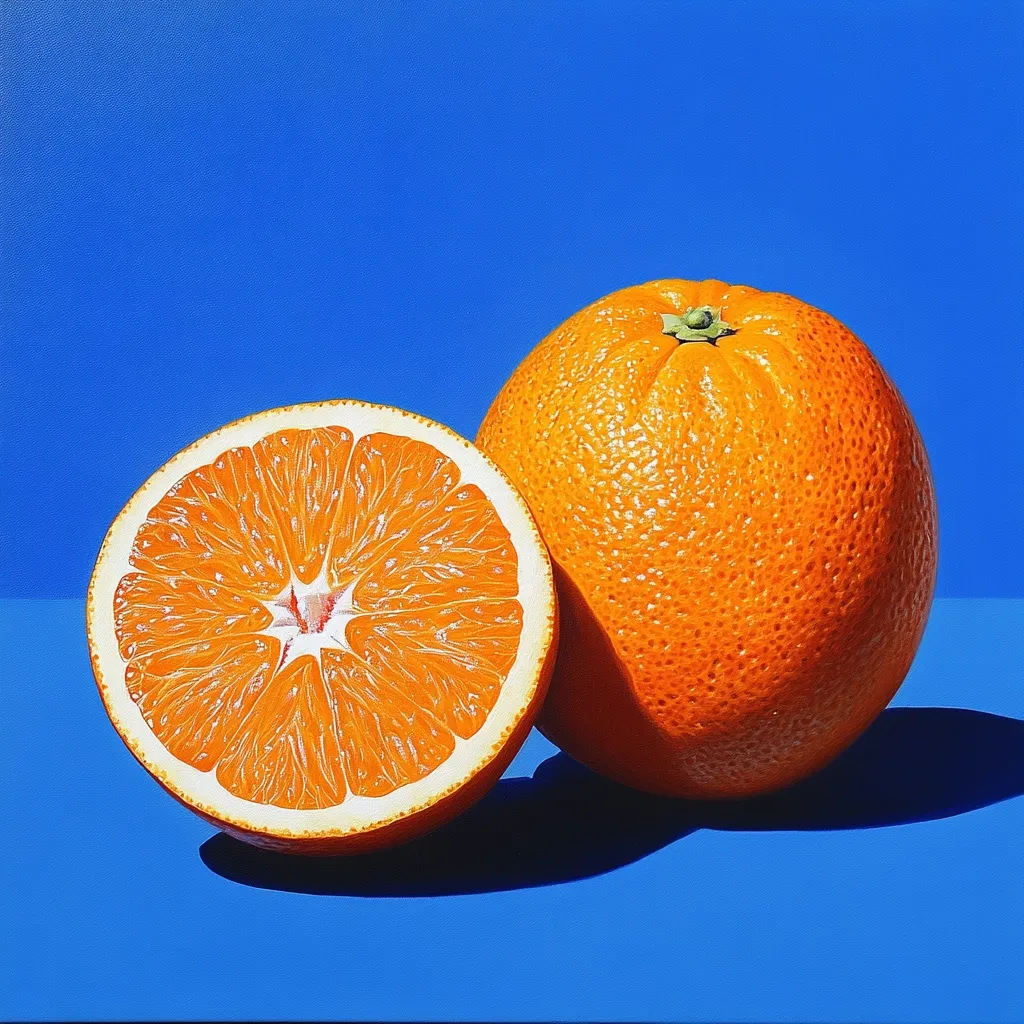 A vibrant still life painting showcases a whole orange and a halved orange against a bold blue background.  The oranges are richly colored, their textures meticulously rendered. The contrasting colors create a striking visual impact, highlighting the juicy segments of the cut orange. The scene is simple yet captivating, emphasizing the beauty of everyday objects.