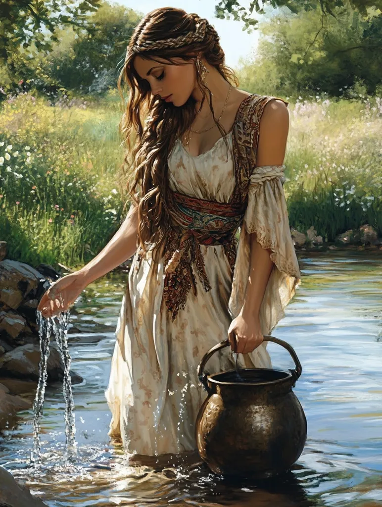 A painting depicts a young woman with long brown hair styled in a braid, wearing a flowing off-shoulder white dress adorned with an ornate brown sash.  She gracefully dips her hand into a clear stream, filling a large bronze cauldron. The idyllic setting features a sun-dappled meadow and lush greenery, creating a serene and enchanting atmosphere.  The woman's expression is serene and thoughtful as she performs her task.