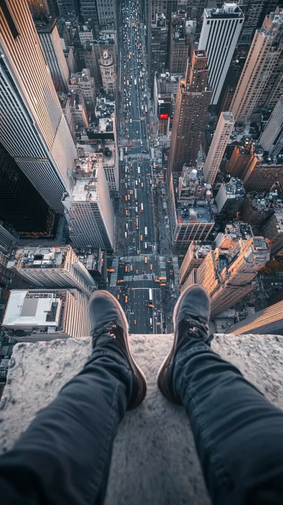 A person's legs dangle from a rooftop, feet clad in dark shoes.  Below, a bird's-eye view of a dense city unfolds, showcasing a bustling street and towering skyscrapers. The image evokes a sense of height, urban sprawl, and perhaps a touch of risk.  The perspective is dramatic, placing the viewer directly in the precarious position.