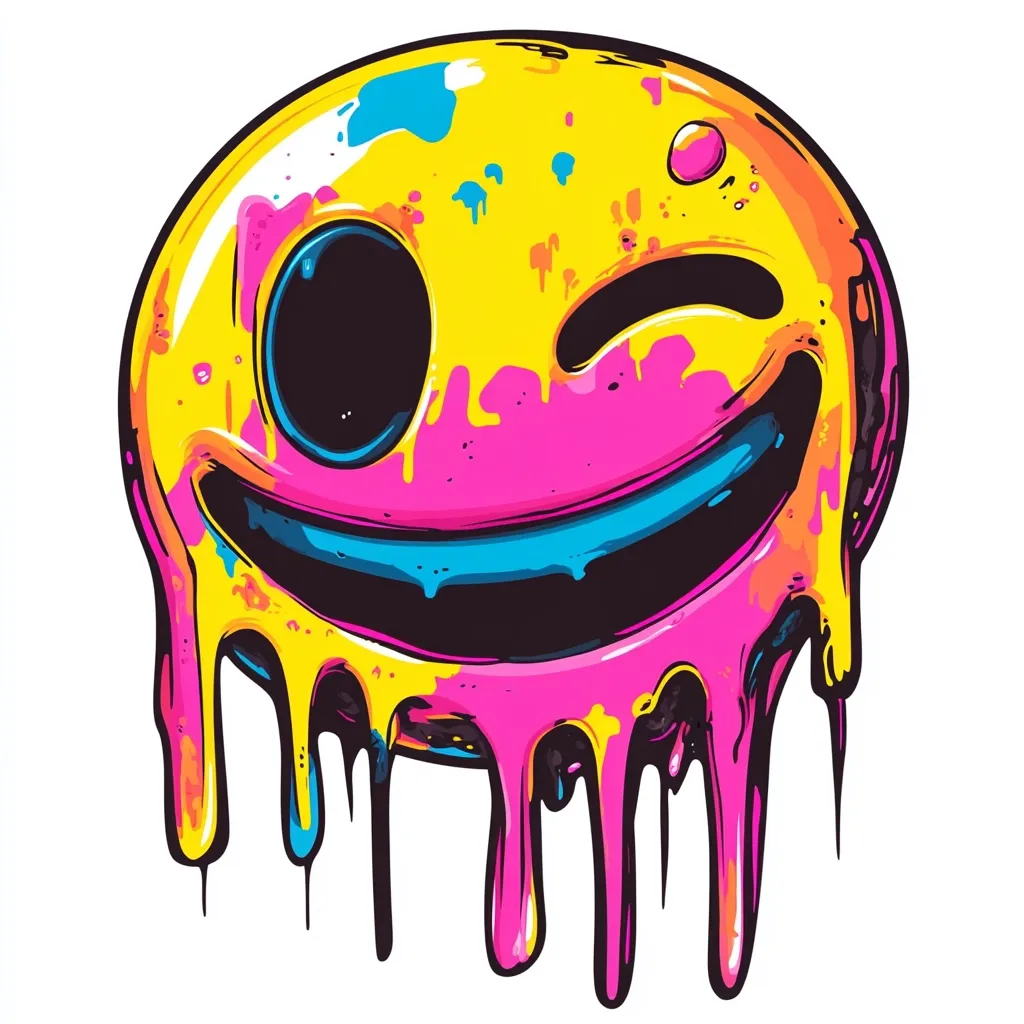 A vibrant, melting emoticon with a playful wink.  The yellow face is splashed with pink, blue, and yellow paint, dripping downwards.  The style is bold and graphic, evoking a fun, slightly psychedelic aesthetic. The overall expression is cheerful and mischievous.