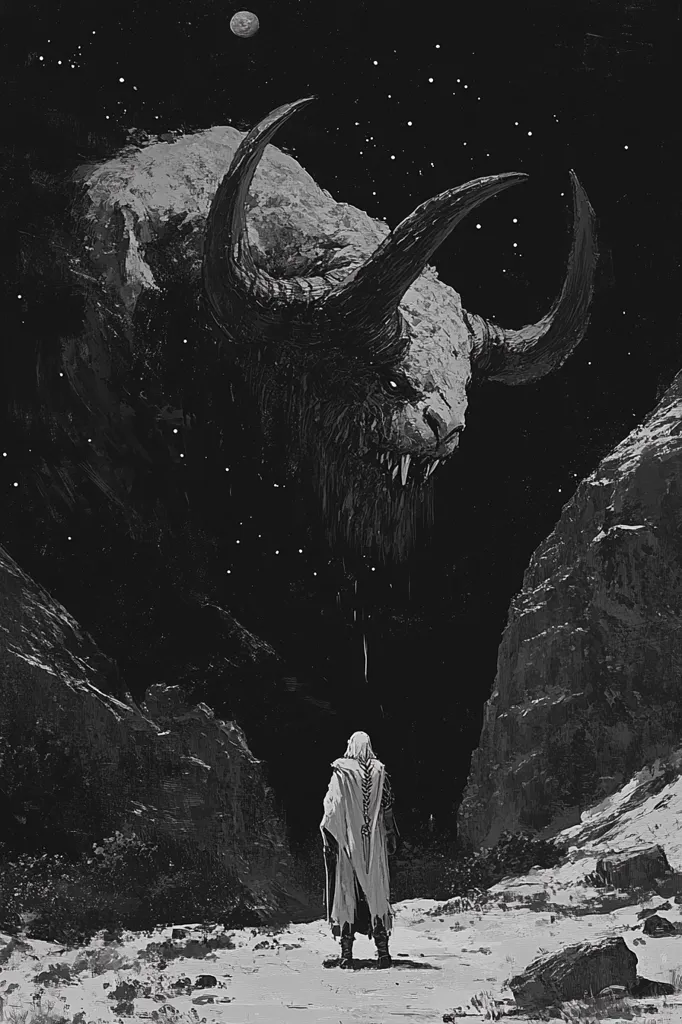 A lone figure, cloaked and hooded, stands in a desolate, rocky landscape under a starlit sky.  Looming above, a colossal, monstrous bull-like creature dominates the scene, its massive horns curving against the night.  The monochrome palette enhances the dramatic contrast between the tiny human and the immense, possibly mythical, beast. A distant celestial body hangs in the heavens.
