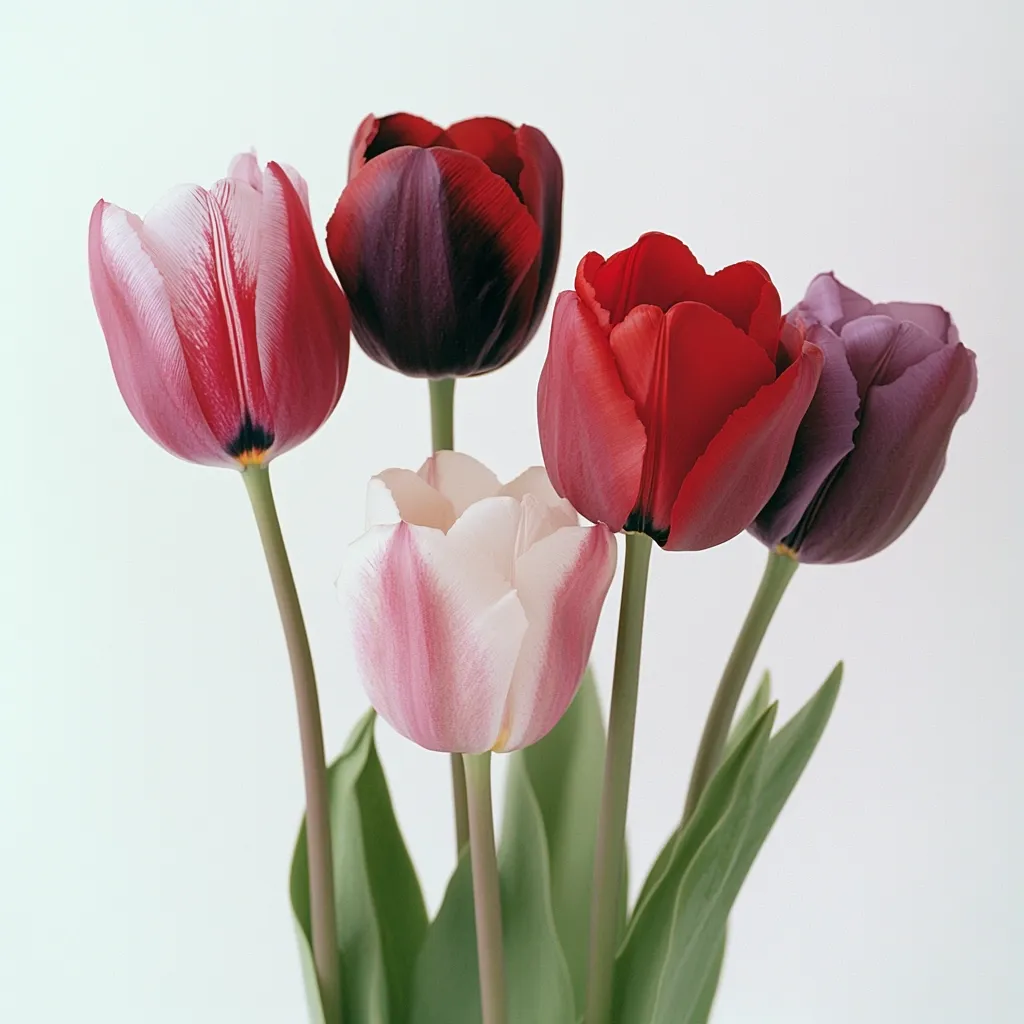 Five tulips in varying shades of red, pink, and purple are displayed against a white background.  The tulips are tightly clustered, their stems and leaves forming a bouquet. The colors are vibrant and the blooms are in full, perfect condition, creating a visually appealing image.