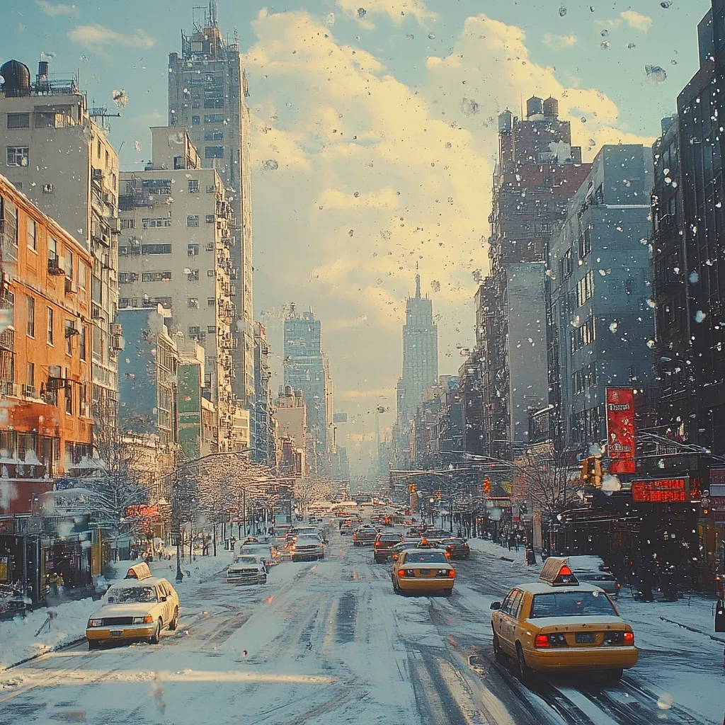 A snowy New York City street scene unfolds, showcasing tall buildings lining a wide avenue.  Yellow cabs navigate the snow-covered road amidst other vehicles.  Snowflakes fall, creating a picturesque winter atmosphere.  The sun shines brightly, contrasting with the wintry conditions. The overall image is vibrant yet serene, capturing the beauty of a city blanketed in snow.