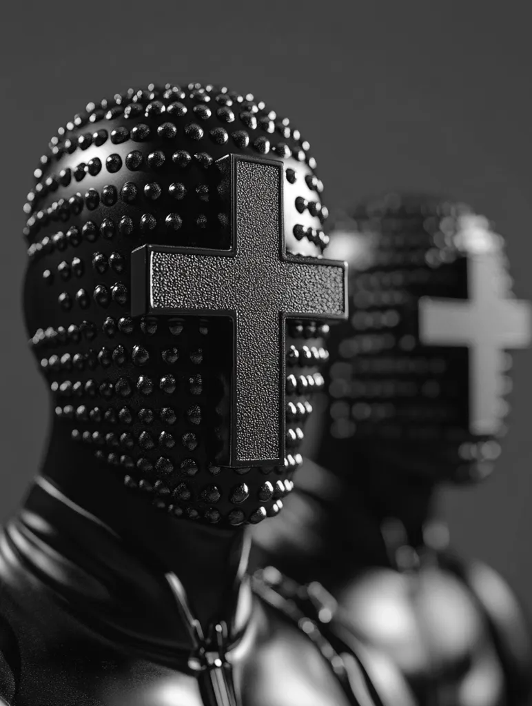 Two figures, cloaked in black studded helmets featuring prominent crosses, stand in close proximity.  The helmets are meticulously detailed, with the crosses acting as central focal points against the textured surface. The monochromatic palette enhances the mysterious and somewhat ominous atmosphere. The image suggests themes of anonymity, conformity, or religious symbolism within a futuristic or dystopian context.