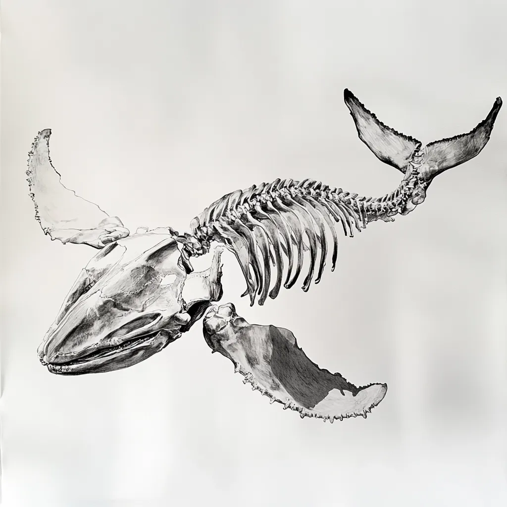 A detailed pencil sketch depicts a whale skeleton in a dynamic pose.  The intricate drawing showcases the skull, rib cage, vertebrae, and pectoral fins with remarkable accuracy.  Shading and line work create depth and texture, giving the impression of a real skeletal structure. The overall style is realistic and anatomical. The white background emphasizes the skeletal form.