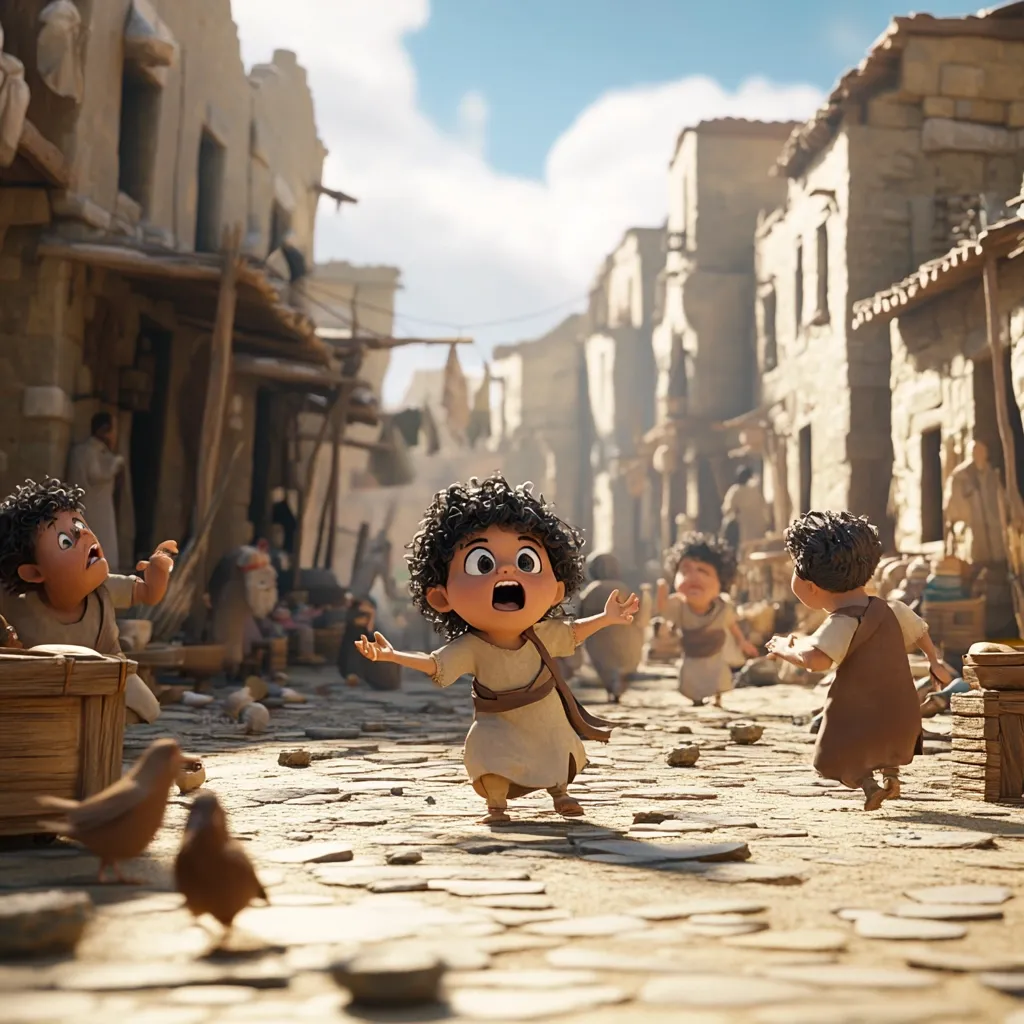 A 3D-animated scene depicts a group of stylized children in a bustling ancient marketplace.  The central figure, a wide-eyed boy with curly hair, looks startled, arms outstretched.  Other children are visible, some appearing equally surprised, amidst the stone buildings and scattered debris of the street.  Two birds walk calmly nearby.  The overall style is whimsical and slightly comedic.