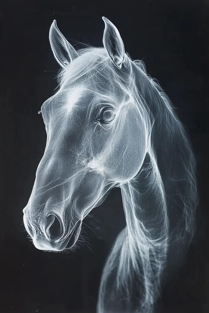 A stylized image of a horse's head and neck, rendered in shades of white against a black background.  The style evokes a sense of etherealness, with the horse appearing almost translucent, as if made of light or energy. Fine lines suggest the horse's hair and musculature, creating a delicate and detailed effect.  The overall impression is one of elegance and grace.