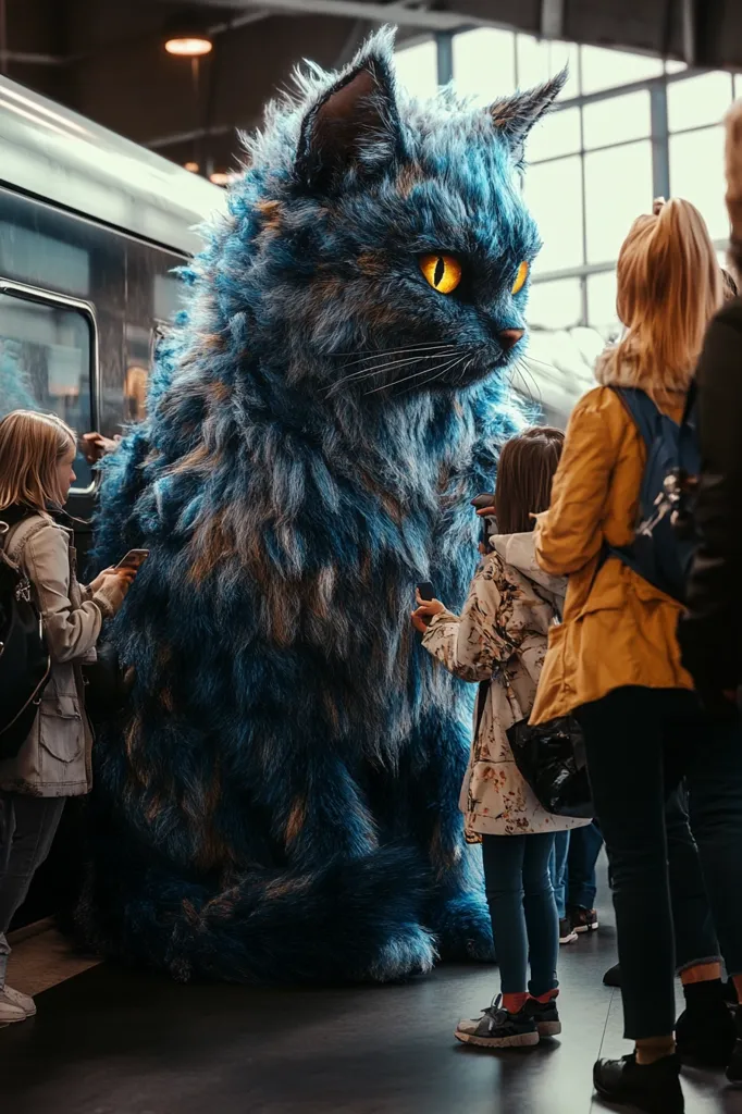 A giant, fluffy blue cat sits at a train station, its bright yellow eyes captivating the attention of several people.  Children and adults alike stand around the enormous feline, seemingly unfazed by its immense size.  The scene is a surreal blend of everyday life and fantastical elements, creating a captivating and slightly unsettling image. The train in the background adds to the realistic setting.