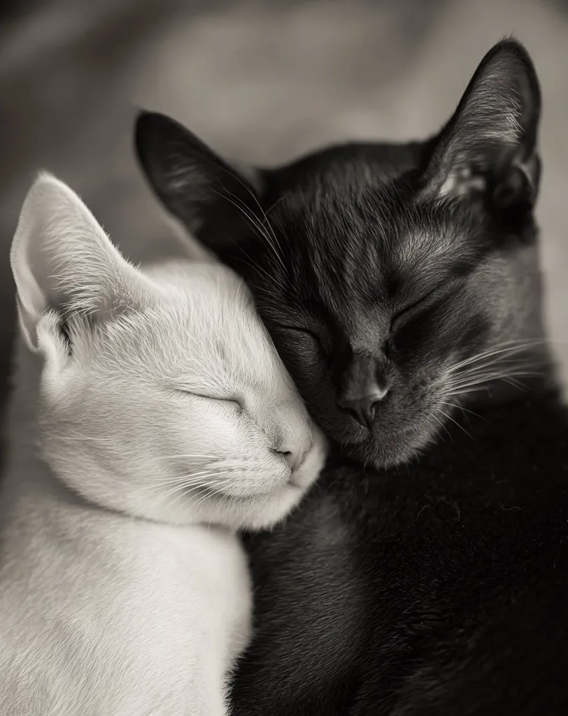 A heartwarming black and white photograph captures two cats nestled together in peaceful slumber.  The monochrome palette accentuates the contrast between their fur, one pure white, the other a deep black. Their eyes are closed, conveying serenity and companionship. The image evokes feelings of warmth, comfort, and the gentle bond between animals.