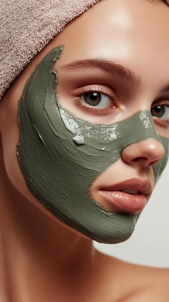 Close-up of a woman's face with a thick layer of olive-green facial mask applied.  The mask is visibly textured and covers part of her cheek and under eye.  She wears a light pink towel wrapped around her head.  Her expression is serene, highlighting the skincare treatment. The image focuses on the mask's application and the woman's flawless skin.