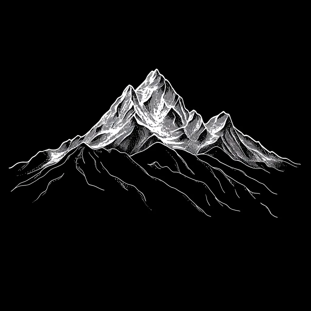 A stark white line drawing of a majestic mountain range against a black background.  The style is reminiscent of a woodcut or etching, with detailed lines suggesting texture and depth.  The highest peak is sharply defined, while the surrounding mountains fade into the darkness, creating a dramatic contrast and sense of scale.  The image evokes a feeling of grandeur and solitude.