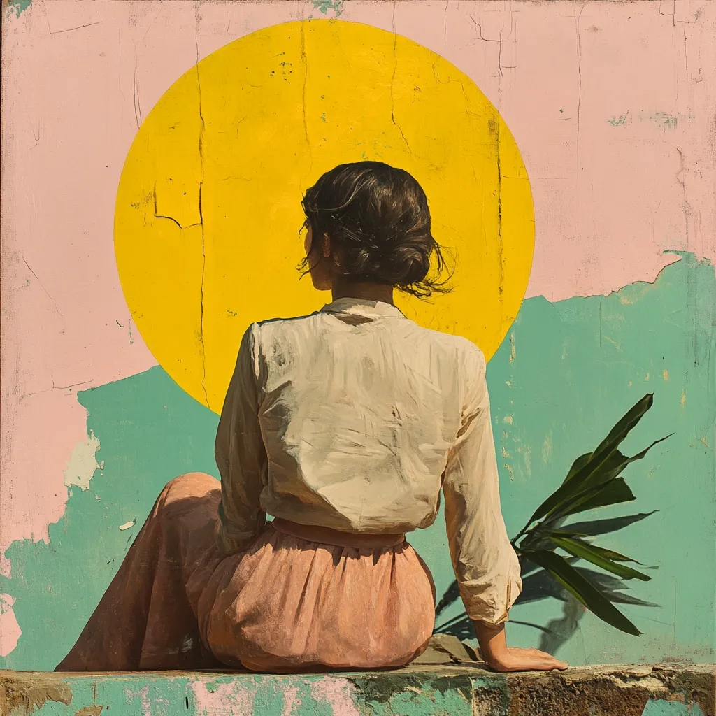 A woman with dark hair styled in a bun sits facing away from the viewer against a vibrant, textured backdrop.  The background features a large yellow circle on a pale pink wall, transitioning to a teal section.  She wears a light beige shirt and a peach-colored skirt. A tropical-looking plant casts a shadow beside her, adding a touch of nature to the otherwise urban scene. The painting style is realistic with visible brushstrokes.