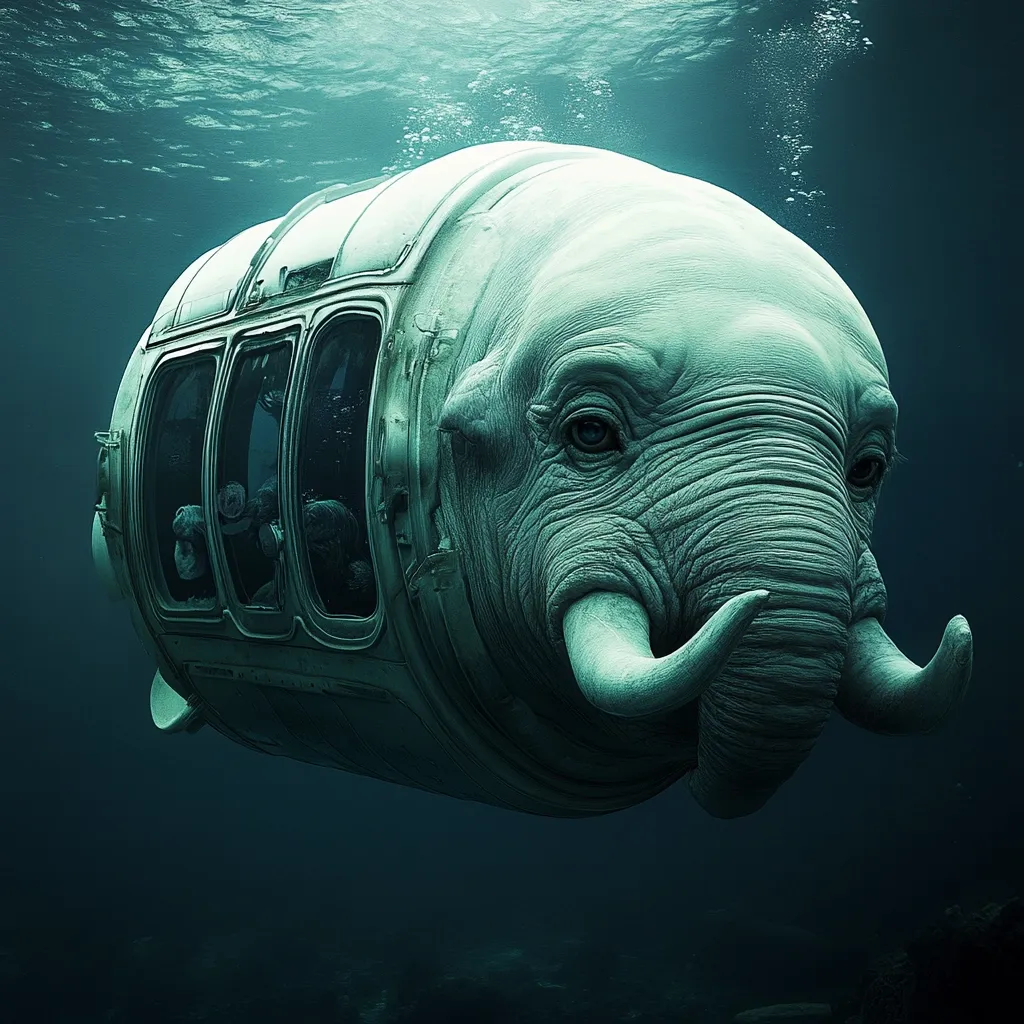 A surreal underwater scene depicts a submarine shaped like an elephant's head.  The metallic vessel features viewing ports showcasing passengers within.  The elephant's textured skin and tusks are realistically rendered, contrasting with the submarine's mechanical aspects.  The deep, dark-teal water creates a mysterious and dreamlike atmosphere.
