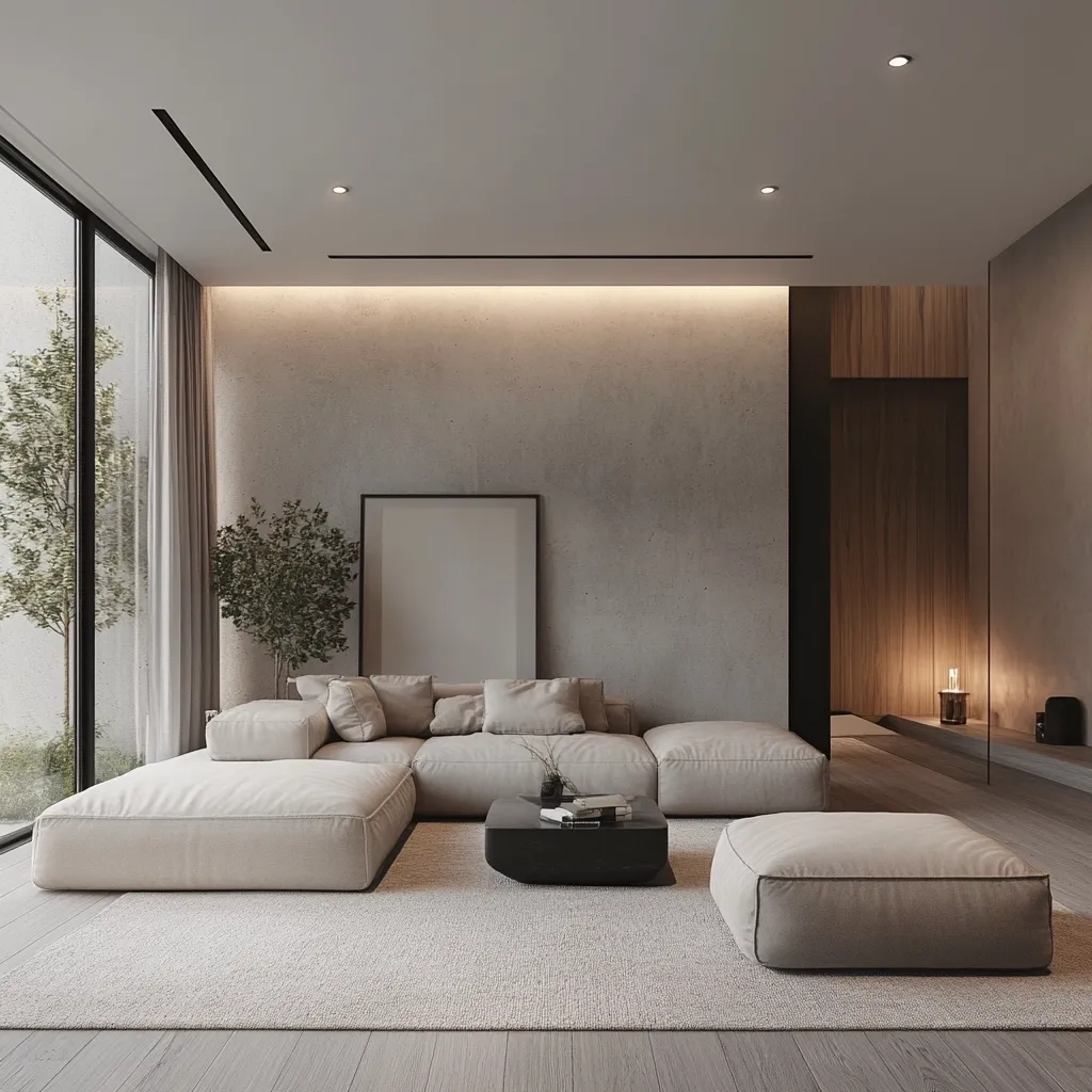 A modern living room features a large, low-slung beige sectional sofa arranged on a light beige rug.  A dark coffee table sits in the center.  The backdrop is a textured concrete wall with recessed lighting, complemented by a wooden accent wall and large windows offering a view of greenery. The overall aesthetic is minimalist and serene.