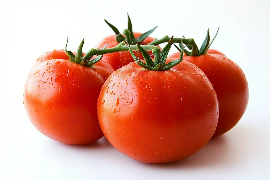 Four ripe, red tomatoes, still attached to the vine, are clustered together.  Water droplets cling to their smooth skins, highlighting their freshness.  The vibrant color and glistening surface suggest juicy, flavorful tomatoes, ready to be used in a variety of culinary applications.  They are displayed against a clean, white background.