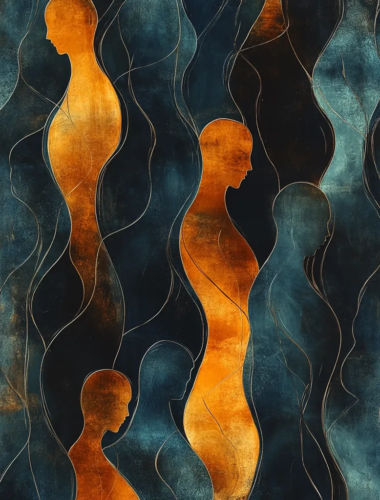 An abstract artwork depicts stylized female figures in shades of teal and burnt orange.  The figures are elongated and slightly blurred, creating a sense of fluidity and movement.  They are interwoven with flowing, dark teal lines suggesting a connection or shared space. The color palette evokes a feeling of mystery and depth, with the orange figures standing out against the darker background. The overall impression is one of grace and interconnectedness.