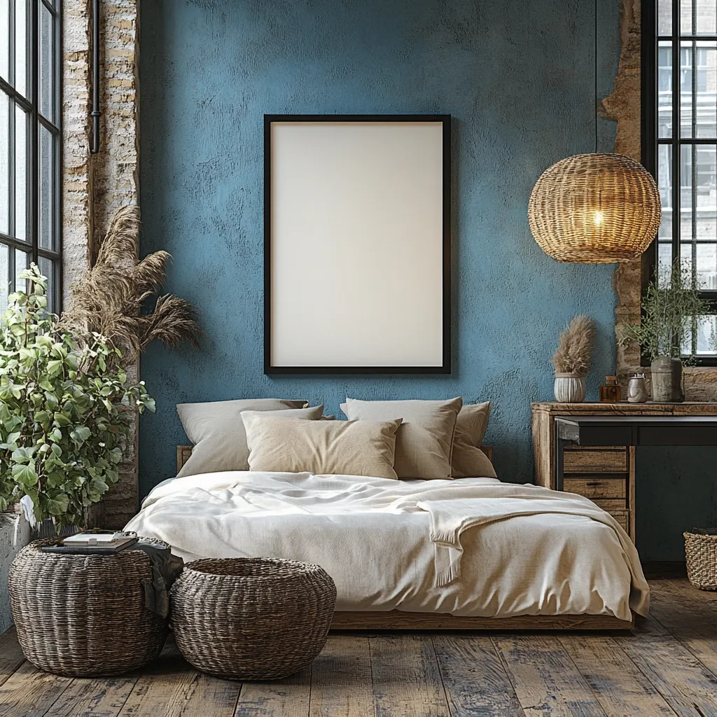 A cozy bedroom features a large, unadorned canvas on a teal wall, a low platform bed with beige linens, and woven baskets as side tables.  Dried pampas grass and greenery add natural texture. A rustic wooden desk and a woven pendant light complete the bohemian-chic ambiance of the room, set against exposed brick.  The hardwood floor adds warmth.