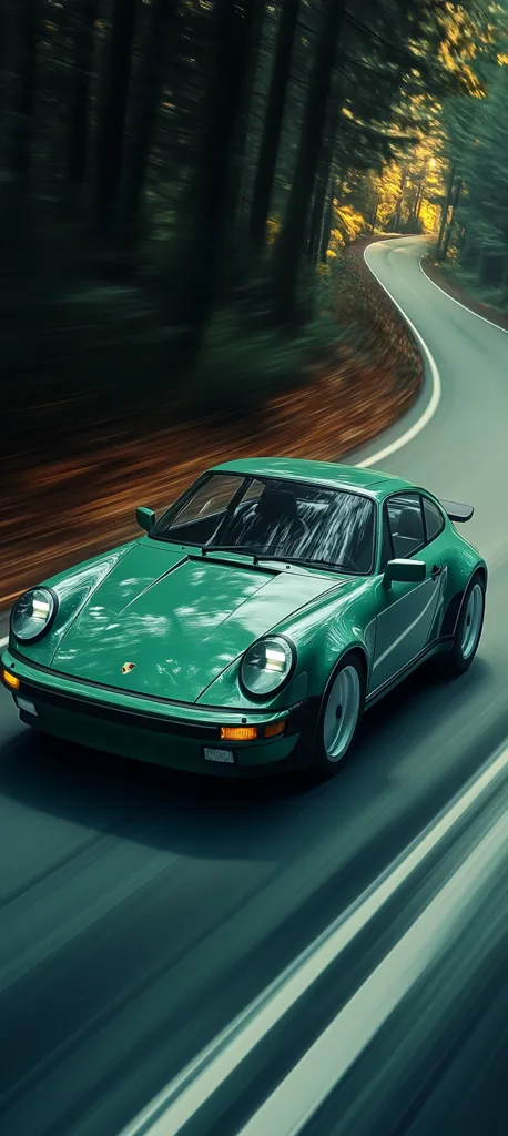 A classic green Porsche 911 Turbo speeds along a winding road through a lush forest.  The motion blur emphasizes the car's speed and the surrounding trees.  The sun filters through the leaves, casting a warm glow on the scene.  The image evokes a sense of freedom and classic automotive elegance.