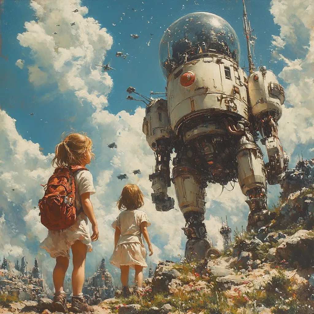 Two young girls, one with a backpack, stand in awe before a colossal, steampunk-inspired mech.  Small flying vehicles dot the sky above a distant, ruined cityscape. The scene is painted in a vibrant, almost whimsical style, contrasting the immense scale of the robot with the diminutive figures of the children.  A sense of wonder and perhaps a hint of post-apocalyptic setting permeates the artwork.