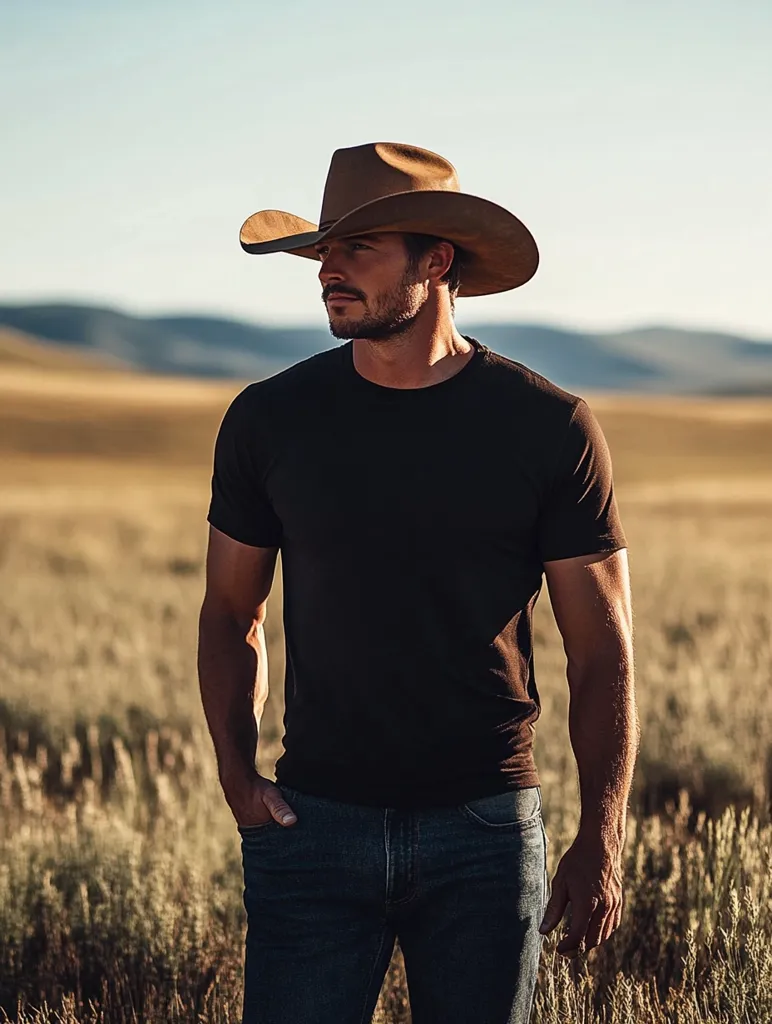 A man with a muscular build stands in a field of tall grass, wearing a brown cowboy hat, a black t-shirt, and blue jeans.  The sun is setting, casting a warm light across the landscape. He has a serious expression, his gaze directed to the side, conveying a sense of quiet contemplation. The overall image evokes a feeling of rugged masculinity and the American West.