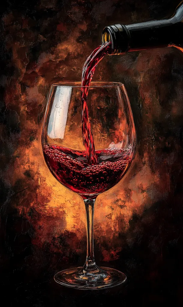 A painting depicts red wine pouring from a bottle into a crystal wine glass. The rich, dark background contrasts with the vibrant red wine, creating a dramatic effect.  The artist uses thick, textured brushstrokes, giving the piece a palpable sense of movement and depth. The warm, fiery tones of the background suggest a feeling of warmth and passion.  The overall impression is one of sophisticated elegance and sensual richness.