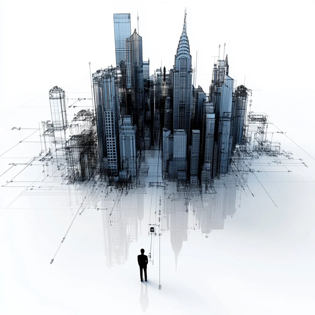 A wireframe model of a cityscape, reminiscent of New York City, dominates the center.  Detailed architectural plans and measurements extend outwards, creating a sense of scale.  A lone, silhouetted figure stands at the base, observing the vast, intricate design. The scene is rendered in shades of gray and white against a stark background, emphasizing the precision and complexity of the architectural vision.