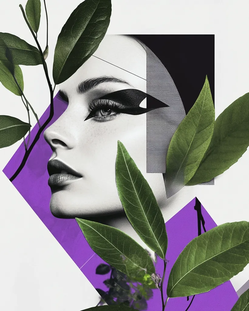 A stylish collage features a monochromatic profile of a woman's face with dramatic winged eyeliner.  The face is partially overlaid with a vibrant purple geometric shape, and lush green leaves organically intertwine with the image, creating a striking contrast between nature and graphic design elements.  The overall effect is modern and artistic.