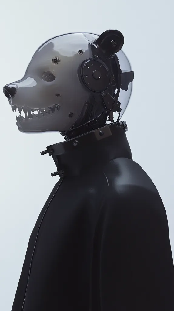 A robotic figure is depicted, its head resembling a bear's, encased in a transparent helmet with visible mechanical components.  The head is attached to a sleek, black, collared garment. The overall aesthetic is futuristic and blends organic and mechanical elements, suggesting a cyborg or android. The image is minimalist, with a neutral background emphasizing the figure's design.