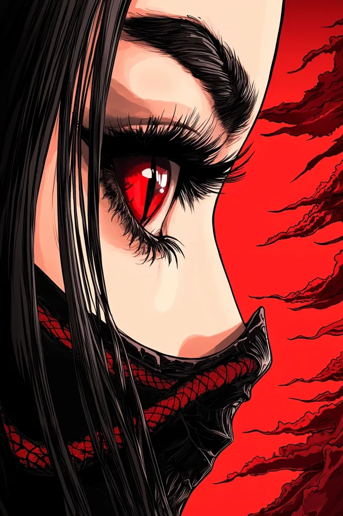 Close-up profile view of a stylized female figure with long black hair, partially obscured by a dark mask with red detailing.  Her striking red eyes are accentuated by dark lashes and brows. The background is a vibrant red with dark, swirling cloud-like patterns, creating a dramatic and intense atmosphere.  The art style is reminiscent of graphic novels or manga.