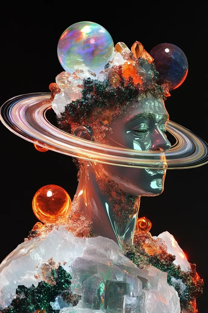 A captivating sculpture depicts a serene, glass-like head adorned with iridescent spheres and crystalline formations.  A luminous ring, reminiscent of Saturn's, encircles the head.  The sculpture is richly textured, combining smooth glass with rough, glittering crystals in warm orange and cool greens, creating a cosmic and ethereal aesthetic against a black background.