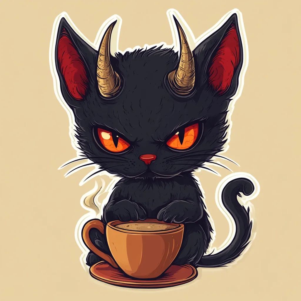 A cute, cartoonish black cat with devil horns and glowing orange eyes sits holding a warm cup of coffee.  The cat has an intense, slightly grumpy expression.  The illustration style is whimsical yet slightly spooky, suitable for a sticker or Halloween-themed merchandise. The background is a muted beige.