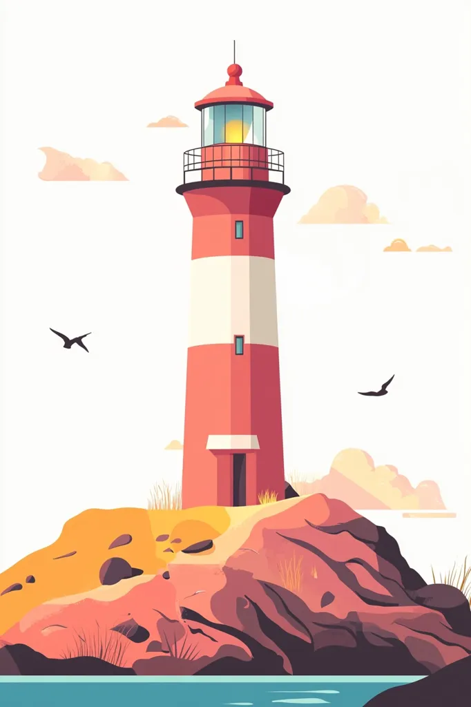 A charming illustration depicts a red and white lighthouse standing proudly on a rocky outcrop.  Its lantern glows warmly against a soft, cloudy sky.  Two birds fly in the distance, adding to the peaceful coastal scene.  The calm water at the base of the rocks completes the idyllic picture.  The style is clean and stylized, with vibrant yet muted colors.