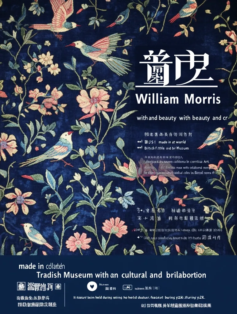 This poster showcases a William Morris design, specifically a richly embroidered textile featuring birds and floral motifs.  Made in Colatten, it highlights the collaboration with the Tradish Museum, emphasizing its cultural and artistic significance. The design is described as a blend of beauty and craftsmanship, referencing a global context.  The text includes both English and another language, possibly Chinese.