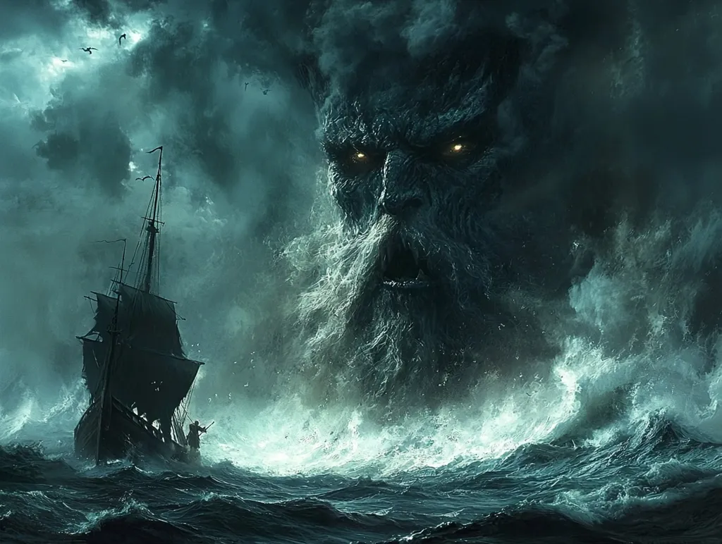 A lone sailing ship battles a raging storm at sea.  Towering above the tempestuous waves is the colossal face of a monstrous sea god, his eyes glowing menacingly.  Dark clouds fill the sky, adding to the ominous atmosphere. The scene is dramatic and evokes a sense of impending doom for the small vessel caught in the wrath of the mythical being.