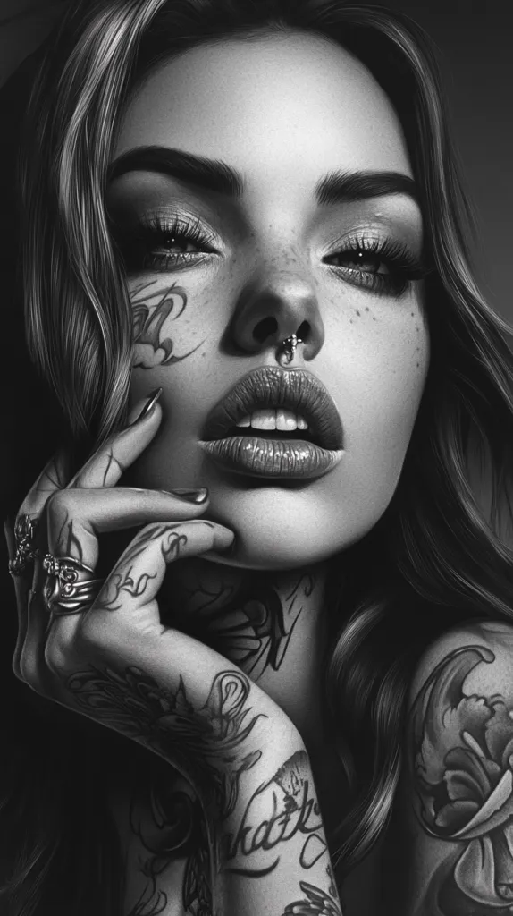 A black and white close-up portrait of a woman with long, flowing hair.  She has extensive, intricate tattoos covering her arms and face, and wears several rings.  Her expression is sultry and confident, her gaze directed slightly away from the camera.  She has a nose piercing and full lips. The overall style is dark and dramatic, reminiscent of a graphic novel or illustration.