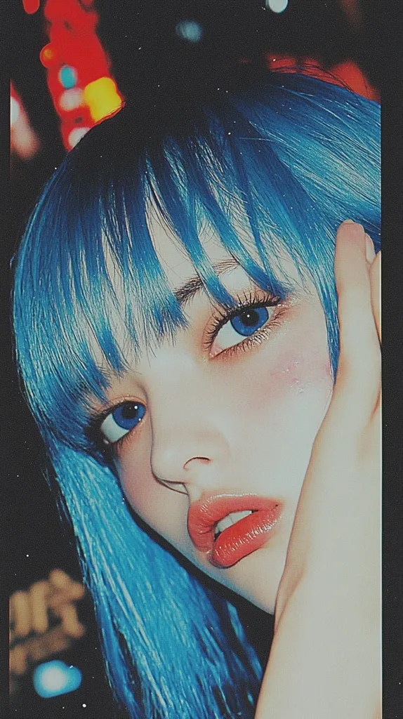 Close-up portrait of a young woman with vibrant blue hair styled in a blunt fringe. Her striking blue eyes and rosy cheeks are accentuated by a bold red lip.  One hand gently rests against her face, creating a soft, intimate mood. The background is blurred, suggesting a nighttime city scene with bright lights. The overall aesthetic is stylized and reminiscent of vintage film photography.