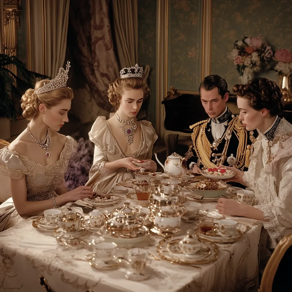 Three women in elaborate gowns and tiaras, and a man in a military uniform, are seated at a lavishly set table.  The scene is opulent, featuring a rich color palette of golds and creams.  An extravagant tea service dominates the table, surrounded by delicate pastries.  The setting appears to be a grand, formal room within a palace or stately home.  The image evokes a sense of regal elegance and historical grandeur.