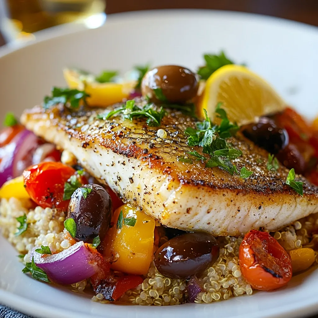 A pan-seared fish fillet rests atop a bed of fluffy quinoa.  The dish is vibrant with roasted vegetables, including cherry tomatoes, red onion, and yellow bell peppers, and is garnished with Kalamata olives, fresh parsley, and a lemon wedge. The golden-brown crust on the fish contrasts beautifully with the colorful vegetables, suggesting a delicious and healthy meal.