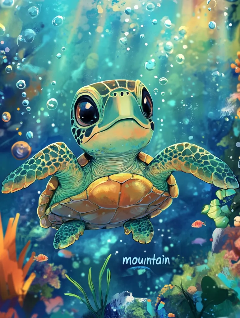 A charming illustration depicts a baby sea turtle swimming amidst vibrant coral reefs and bubbles.  The turtle's large, expressive eyes and colorful shell stand out against the turquoise water.  Small fish and aquatic plants add detail to the underwater scene, creating a whimsical and enchanting image.  The artist's signature, "mountain," is subtly placed in the lower center.