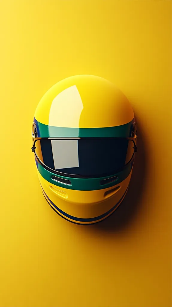 A vibrant yellow racing helmet, accented with green and blue stripes, is displayed against a matching yellow backdrop. The helmet's glossy finish and sleek design are emphasized by the contrasting colors. The image showcases a minimalist aesthetic, highlighting the helmet's form and color.  The overall impression is one of speed and dynamism.