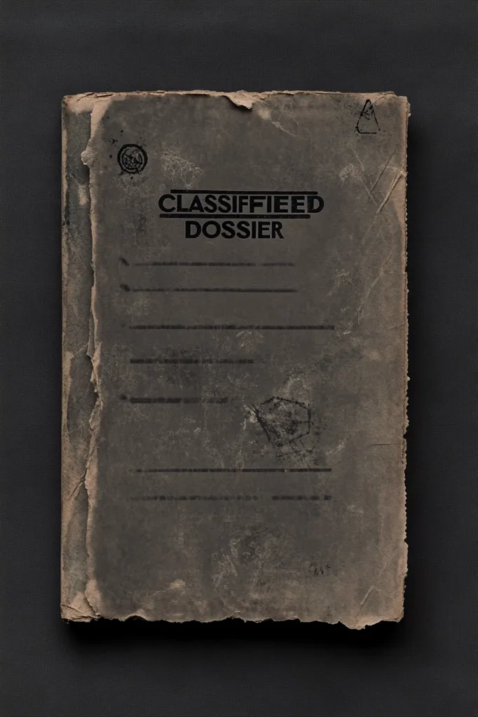 A worn, dark gray file folder rests against a dark background.  The folder's edges are frayed and show signs of age.  The words "CLASSIFIED DOSSIER" are printed prominently on the front.  Several stamps and markings are visible, adding to its aged and secretive appearance, suggesting confidential contents.