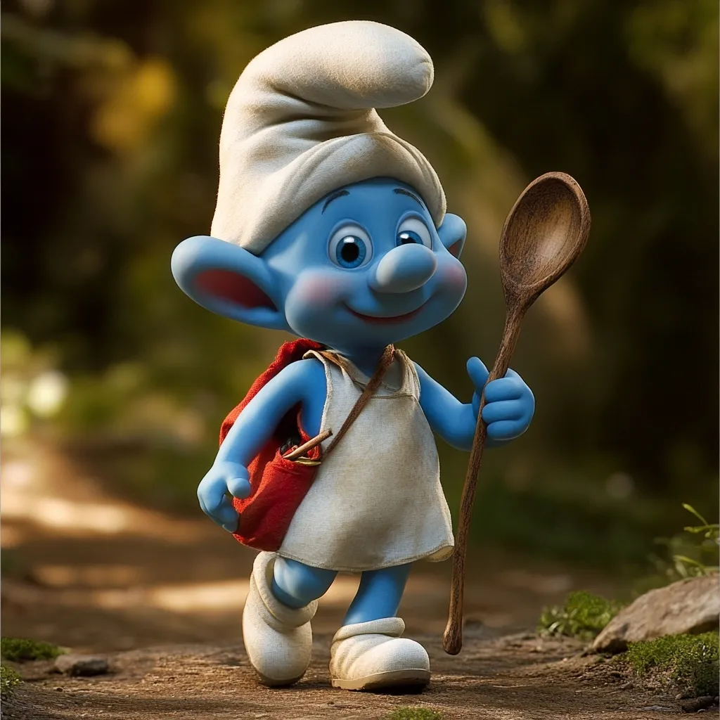 A charming 3D-rendered Smurf, possibly Clumsy, strolls along a forest path. He's dressed in a white apron and carries a small red backpack and a wooden spoon. His signature blue skin and white cap are clearly visible.  The scene is idyllic, suggesting a journey or adventure. The lighting and detail enhance the whimsical nature of the image.